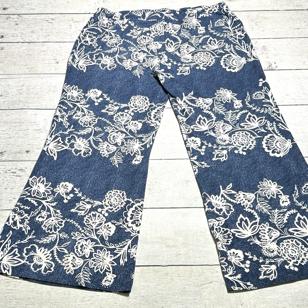 New Directions Petite Wide Leg Capri Pants Blue Paisley Size PXL
